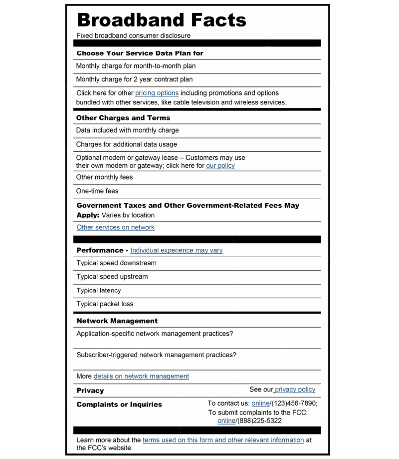 A blank “Fixed Broadband Consumer Disclosure” label designed by FCC’s Consumer Advisory Committee circa 2016.